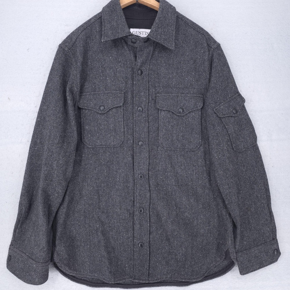 Gustin Jacket Mens Large Gray Wool Herringbone Lined Military Shacket USA